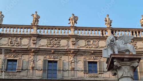 verona, italy, piazza delle erbe, palazzo maffei, statue of the lion of san marco