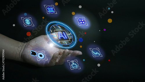 Artificial Intelligence AI Chat and New Information Technology. AI business learning. Ai technology, Generative AI in hand. Man using technology smart robot. Futuristic Infographic Transformation.