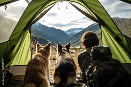 A man with two dogs are sitting in a tent and looking at a beautiful landscape, enjoying nature. Traveling with an animal, hiking with a pet, outdoor activities with a dog
