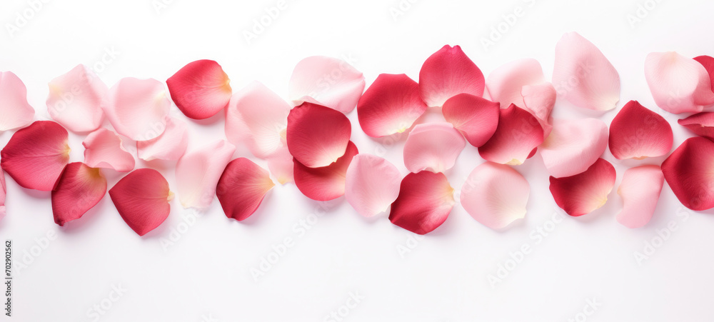 Romantic rose petals on white background. Flat lay, top view, copy space