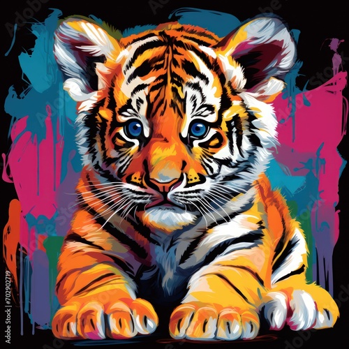 Blacklight painting-style baby tiger, baby tiger pop art illustration