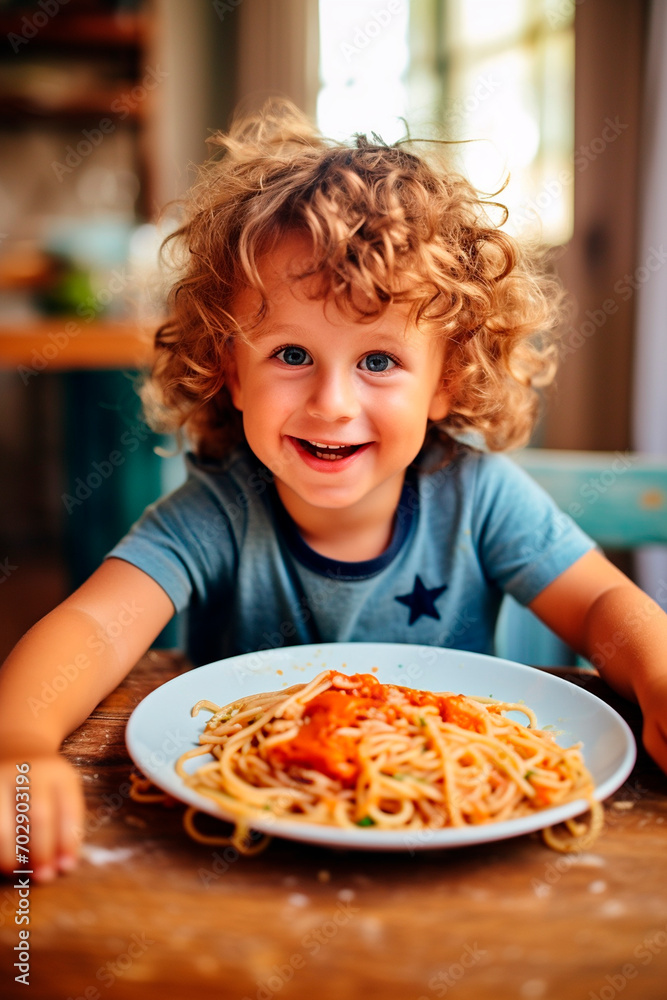 Happy boy eating tasty pasta at table in kitchen. Happy boy eating tasty pasta at table in kitchen.