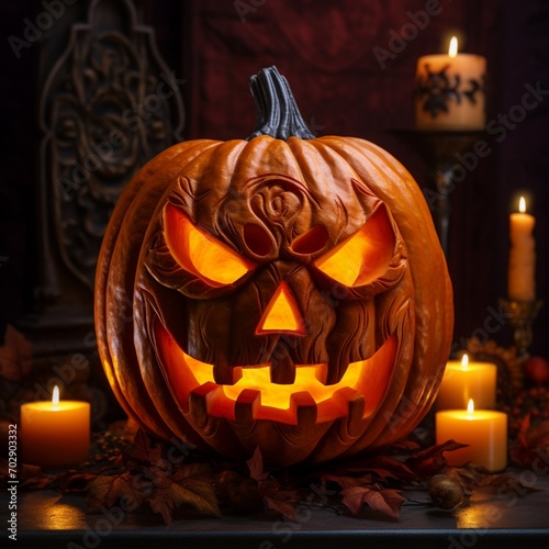 A close-up shot of a perfectly carved jack-o'-lantern with a flickering candle inside, casting a spooky glow in the dark.