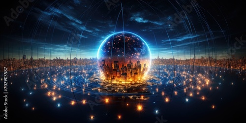 Futuristic globe with digital lights and lines.