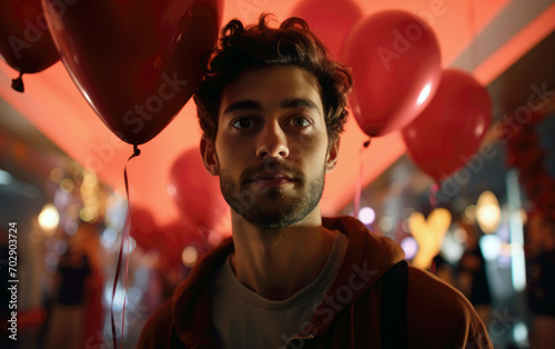 A single man on Valentine's Day. Selfie of sad guy on the background of red balloons © Mi Lu