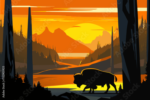 Bison herd in a pristine landscape. vektor icon illustation