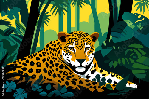 Powerful jaguar resting in the shade. vektor icon illustation