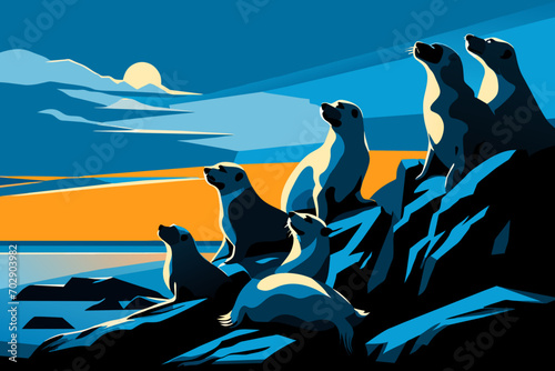 Group of seals sunbathing on a rock. vektor icon illustation