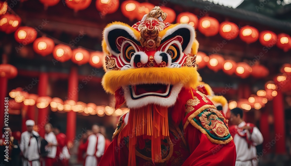 Chinese traditional lion dance costume performing at a temple in China