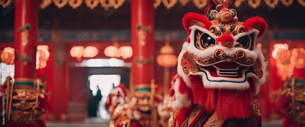 Chinese traditional lion dance costume performing at a temple in China
