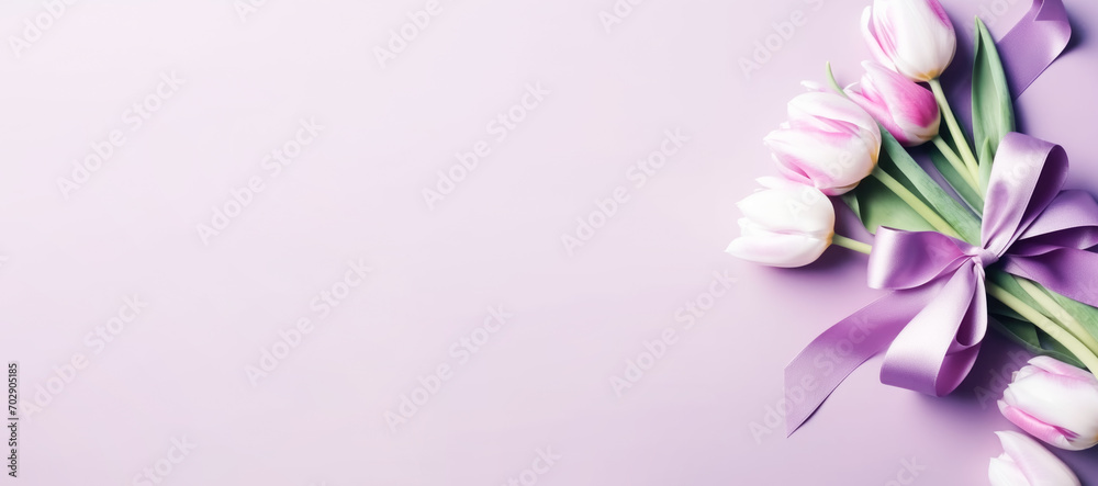 Fototapeta premium Beautiful pink and white tulips with satin ribbon, pink background. Postcard template Women's Day, March 8, Nurse's Day