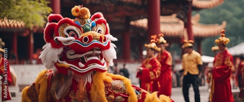Chinese traditional lion dance costume performing at a temple in China photo