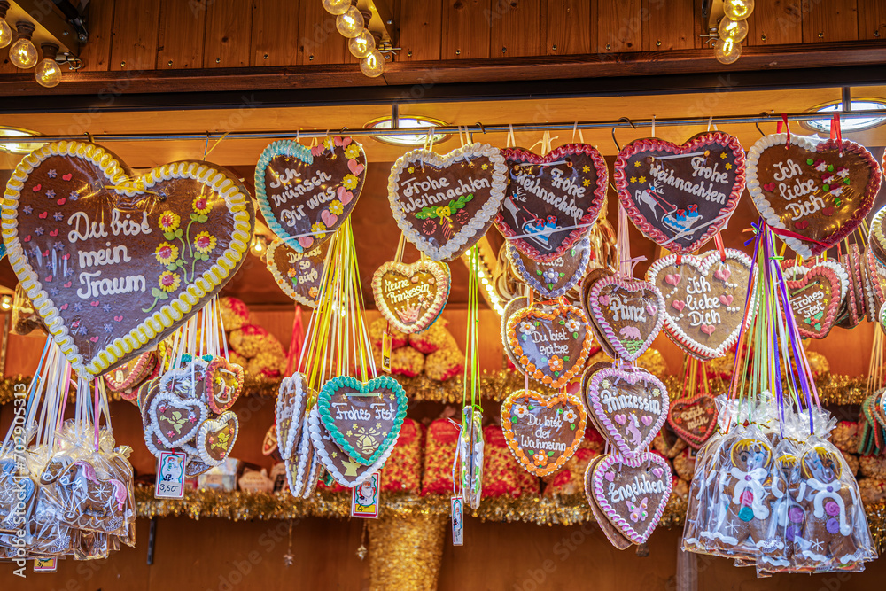 Christmas Market with Gingerbread Hearts exposed for sale in Erlangen Germany, december 2023 Christmas Market with Gingerbread Hearts exposed for sale in Erlangen Germany, december 2023