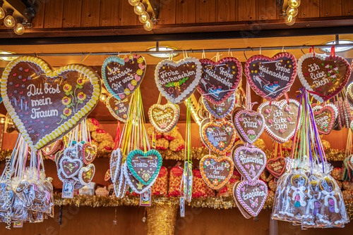 Christmas Market with Gingerbread Hearts exposed for sale in Erlangen Germany, december 2023 photo