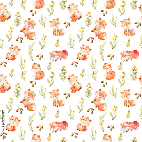 Watercolor seamless pattern with foxes and herbs. Cute cartoon characters. Png.