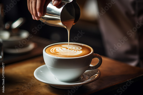 A closeup of a barista pouring steamed milk into an impeccably formed espresso to create a work of art.