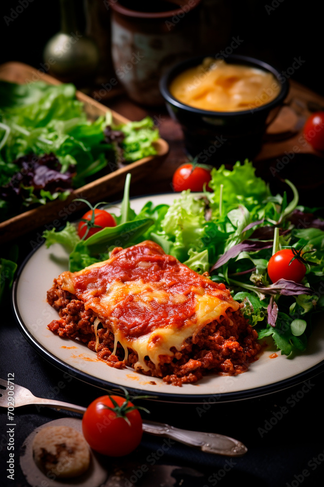 italian lasagna on a plate with greens and vegetables on a dark background italian lasagna on a plate with greens and vegetables on a dark background