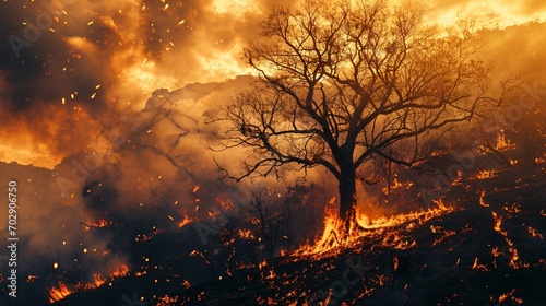 A blazing tree engulfed by inferno. Wildfire endangering urban areas and posing danger to vehicles and occupants. Deadly blaze.