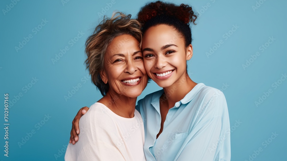 Joyful charming enjoyable content senior mother with grown-up daughter two ladies together in casual attire embracing embrace gaze at camera Joyful charming enjoyable content senior mother with grown-up daughter two ladies together in casual attire embracing embrace gaze at camera