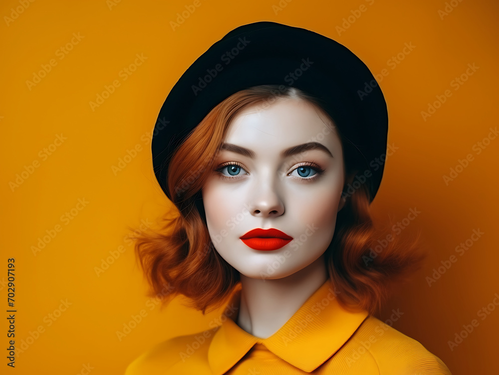 Portrait of beautiful redhead girl in black hat and yellow shirt