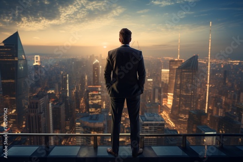 A professional leader contemplating their career and future on a rooftop with a view of the city and a goal for their company.