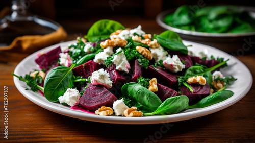 spinach salad with vegetables and nuts and a dark background