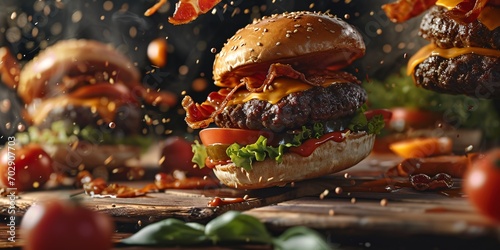 Mouth-watering hamburger in flight. Advertising quality. photo
