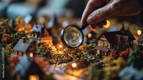 Man's hand using magnifying glass symbol to seek information about a model wooden house, for locating ads to rent or purchase a home. SEO.