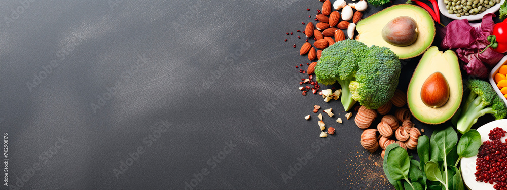 fruits, vegetables, nuts on a dark background, top view