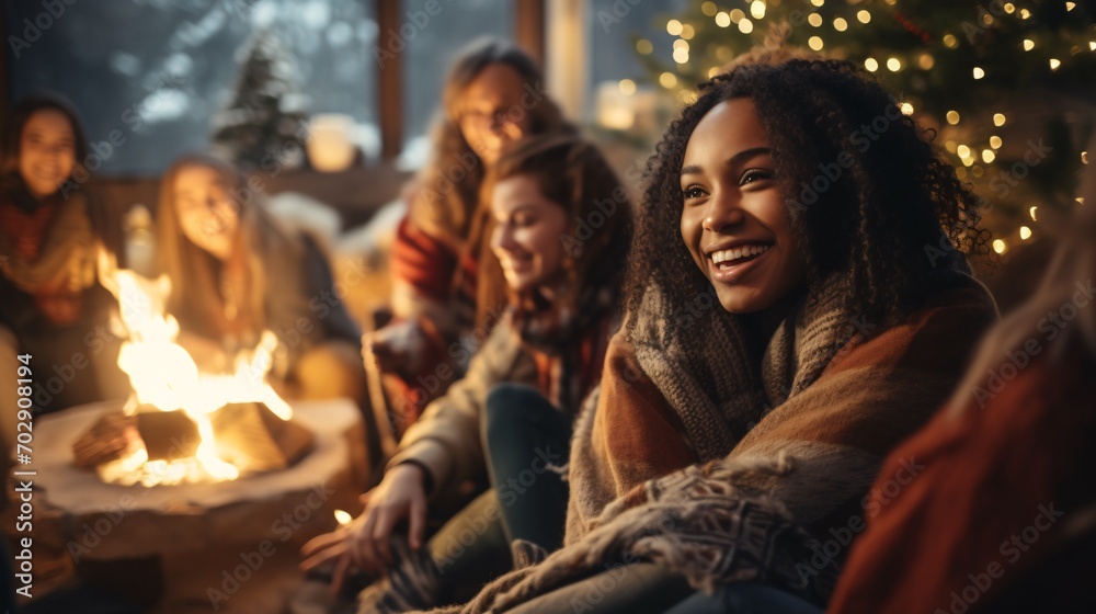 Diverse women enjoying a cozy evening in a cabin, gathered around a fire during cold season, with emphasis on the black woman's visage. Diverse women enjoying a cozy evening in a cabin, gathered around a fire during cold season, with emphasis on the black woman's visage.