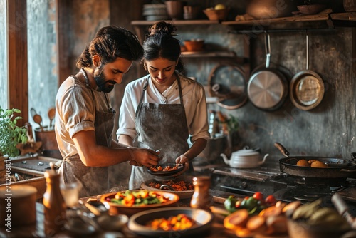 Affectionate Indian Pair Cooking Together in the Kitchen: Youthful Adorable Duo Bonding while Discovering Fresh Skills Crafting Tasty Memories. Making Supper for Loved Ones. photo