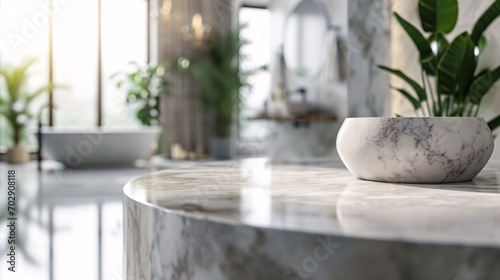 Marble stand for showcasing bath items on hazy restroom backdrop. photo