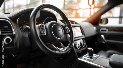 Contemporary vehicle interior featuring a media phone control-equipped steering wheel on a white background. © ckybe