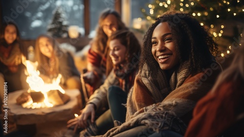 Diverse women enjoying a cozy evening in a cabin, gathered around a fire during cold season, with emphasis on the black woman's visage.