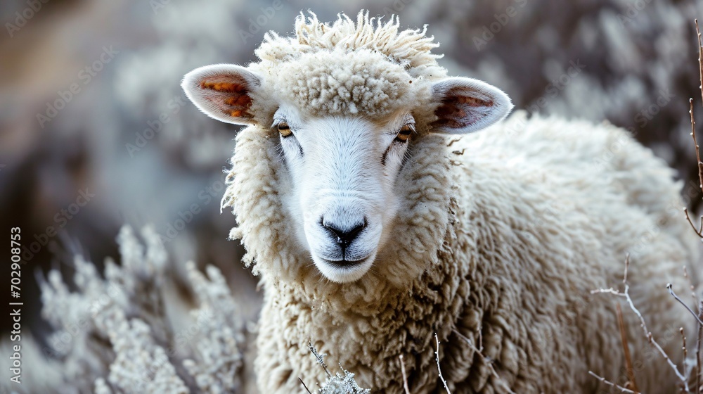 Lone sheep gazes at viewer on secluded backdrop.