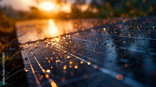 A close-up of a solar panel with dew drops, reflecting the first light of dawn in a serene countryside.