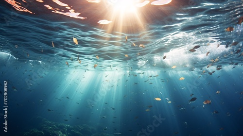 Submerged sunlight with bubbles ascending to ocean surface in Mediterranean French waters.