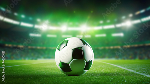 Soccer ball on green football field of stadium © James
