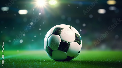 Soccer ball on green football field of stadium © James