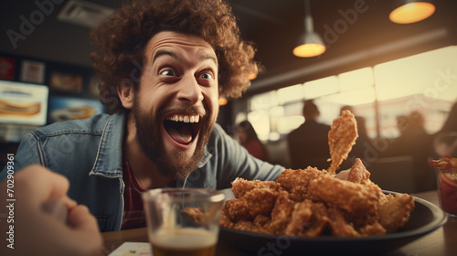 A woman noshing on a takeaway fried chicken wing from a fast food joint with a close-up of her maw and pearly whites. photo