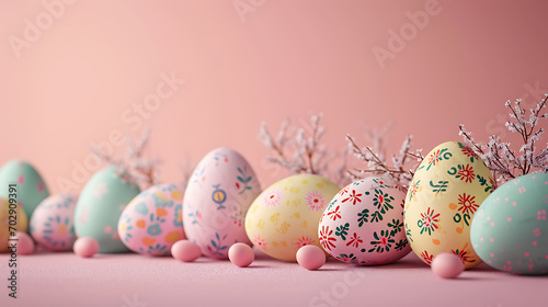easter eggs, 3D Pastel-colored Easter eggs with floral patterns, copyspace at the bottom pastel color themet