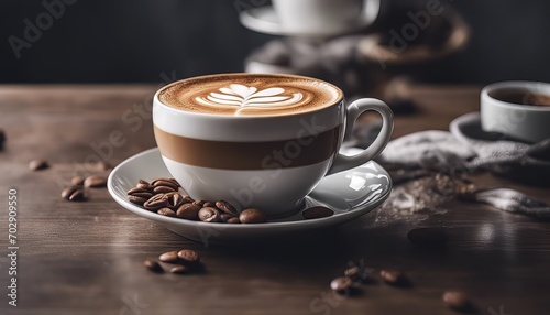 Cup of cappuccino on the table, gray and brown background