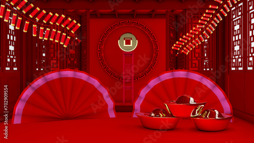 Front view display chinese room with foreground firecrackers and 3 chinese gold bars decorate on floor , the room open  the door to get luck and money as chinese new year culture , 3d rendering.  photo