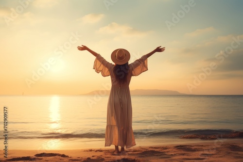 Young woman on hot day at the beach wearing long dress and straw hat on holiday, inspirational vacation