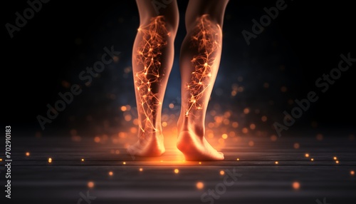 Legs from behind with glowing vein network in fire symbolizing pain and serious health conditions as medical background
