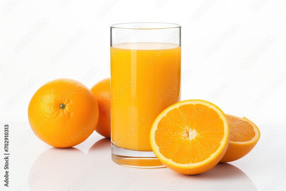 glass of orange juice on a white background and an orange cut in half glass of orange juice on a white background and an orange cut in half