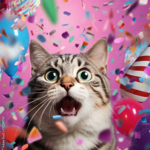 Surprised can with open mouth screaming with the confetti and balloons on the pink background. Birthday party concept, funny animals