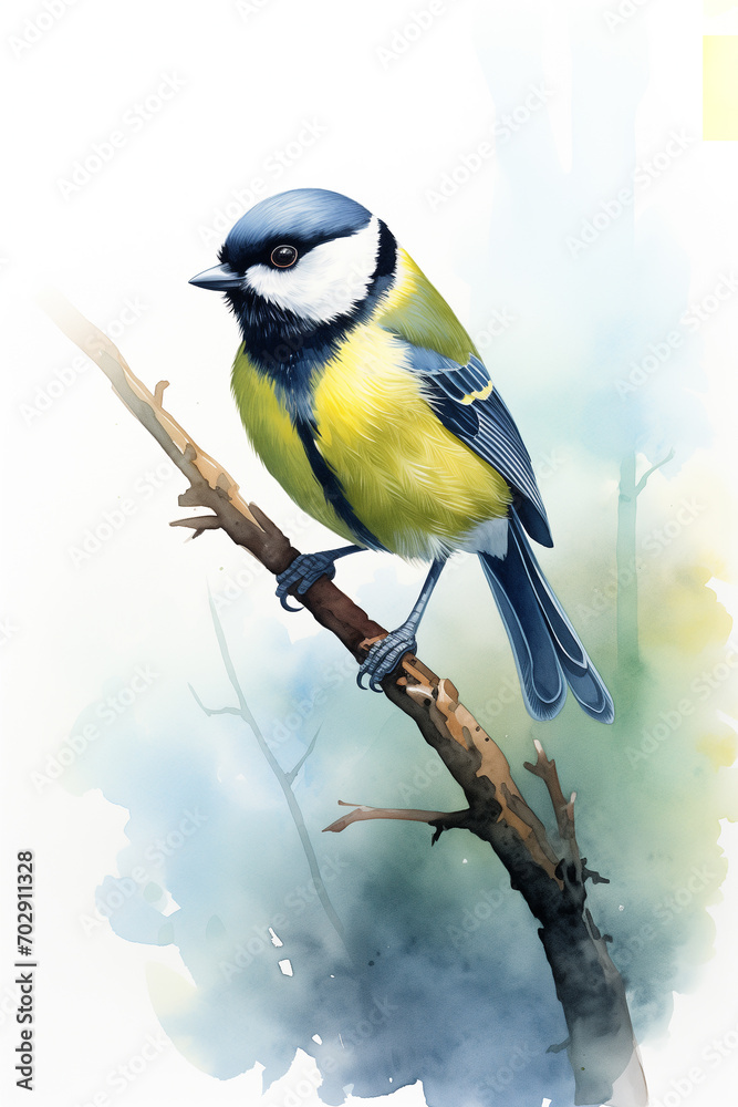 Naklejka premium Watercolor image of Great Tit bird. Painted illustration of forest and garden bird Parus Major. Beautiful backyard avian on a white background