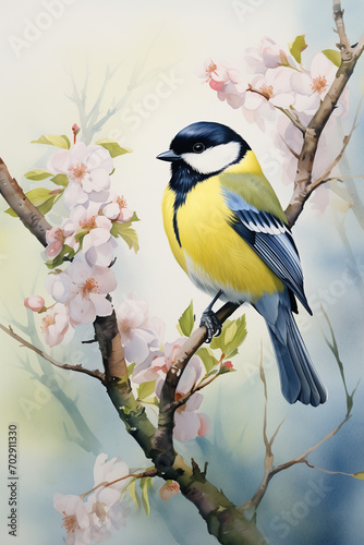 Watercolor image of Great Tit bird. Painted illustration of forest and garden bird Parus Major. Beautiful backyard avian on a white background