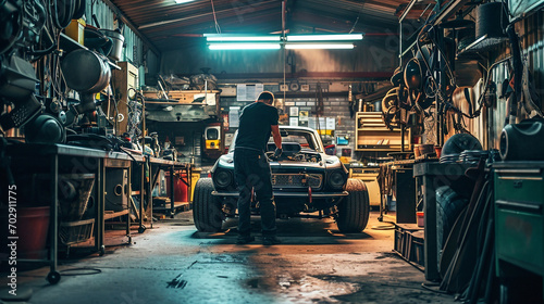 man working on the garage with his car photo